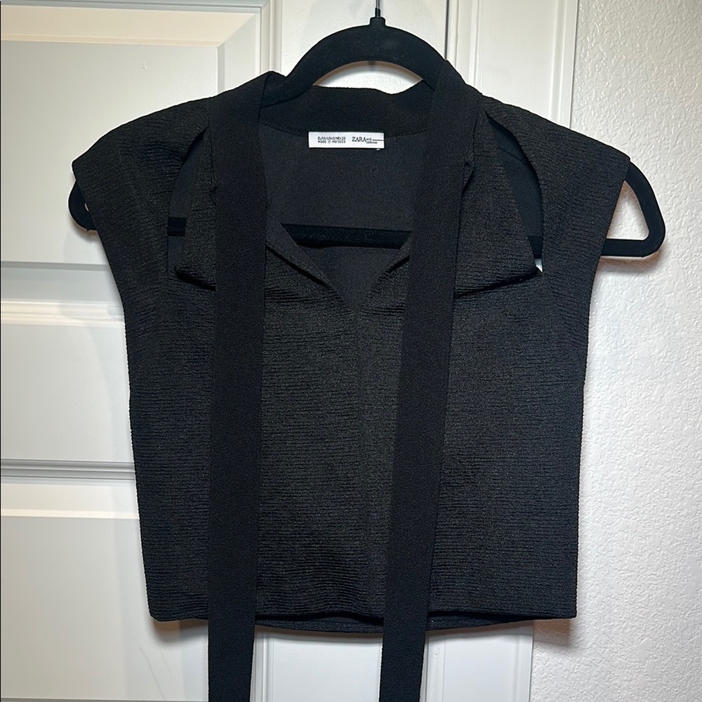 Zara Black Boxy Tie Front Blouse with Bib Collar